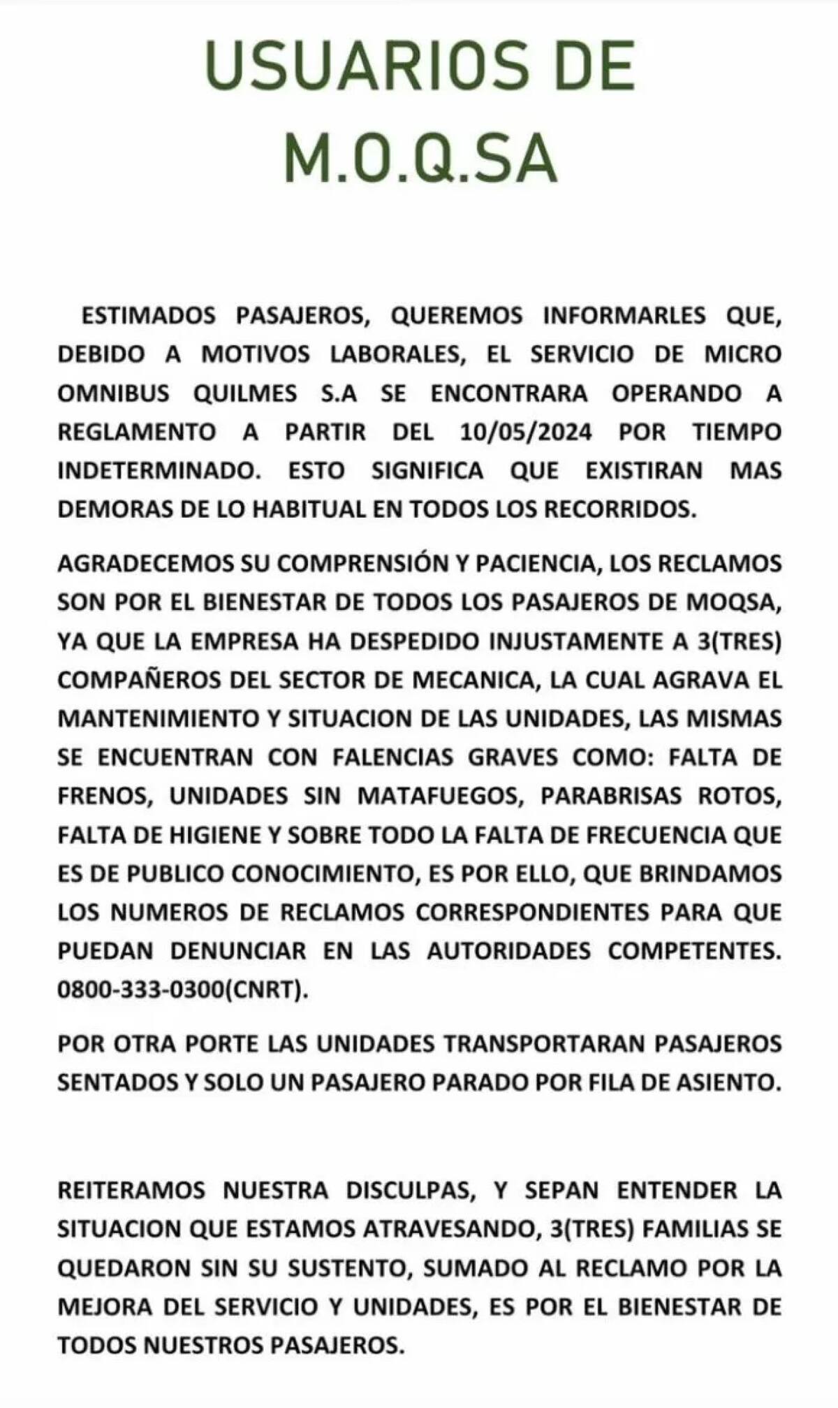 El comunicado de MOQSA.