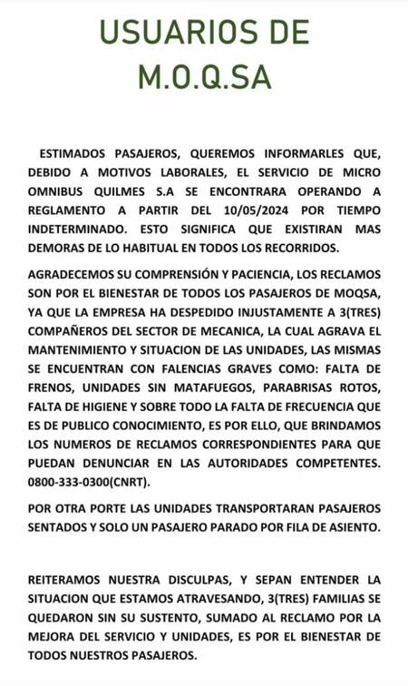 El comunicado de MOQSA.
