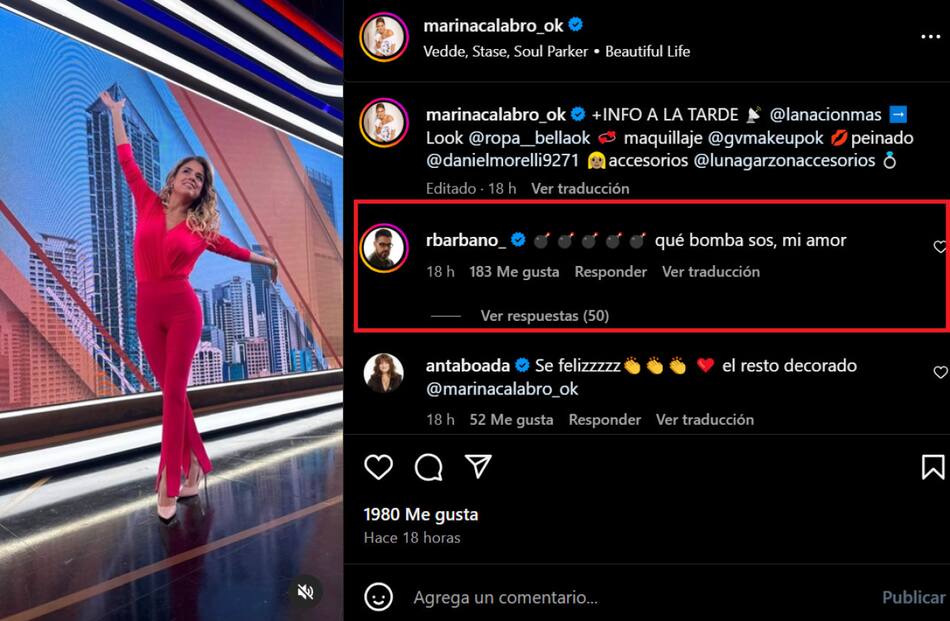 El comentario de Barbano en una foto de Marina Calabró. Foto: Instagram.