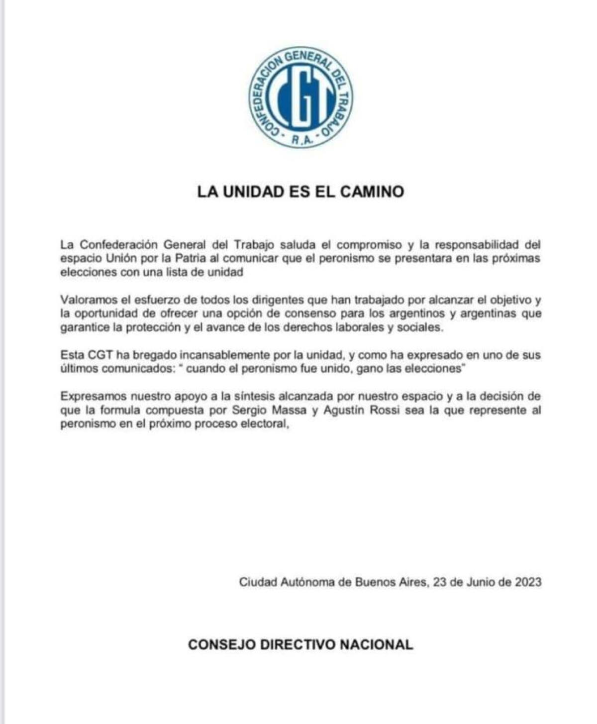 CGT apoyó la fórmula de unidad de Unión por la Patria. Foto: Twitter.