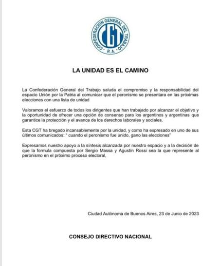 CGT apoyó la fórmula de unidad de Unión por la Patria. Foto: Twitter.