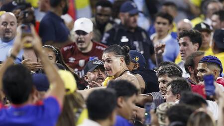 Darwin Núñez, a los golpes contra los hinchas de Colombia. Foto: EFE.