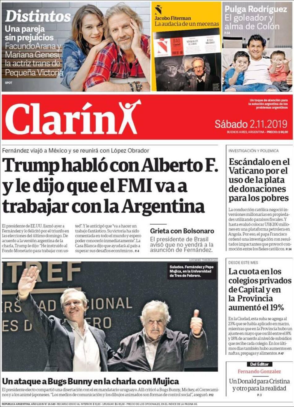 Tapas de diarios, Clarín, sábado 02-11-19