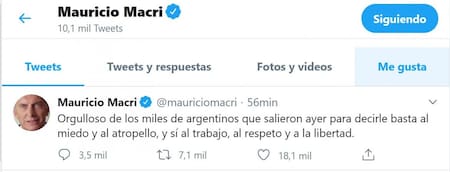 Twitter de Mauricio Macri sobre Marcha del 17A, NA