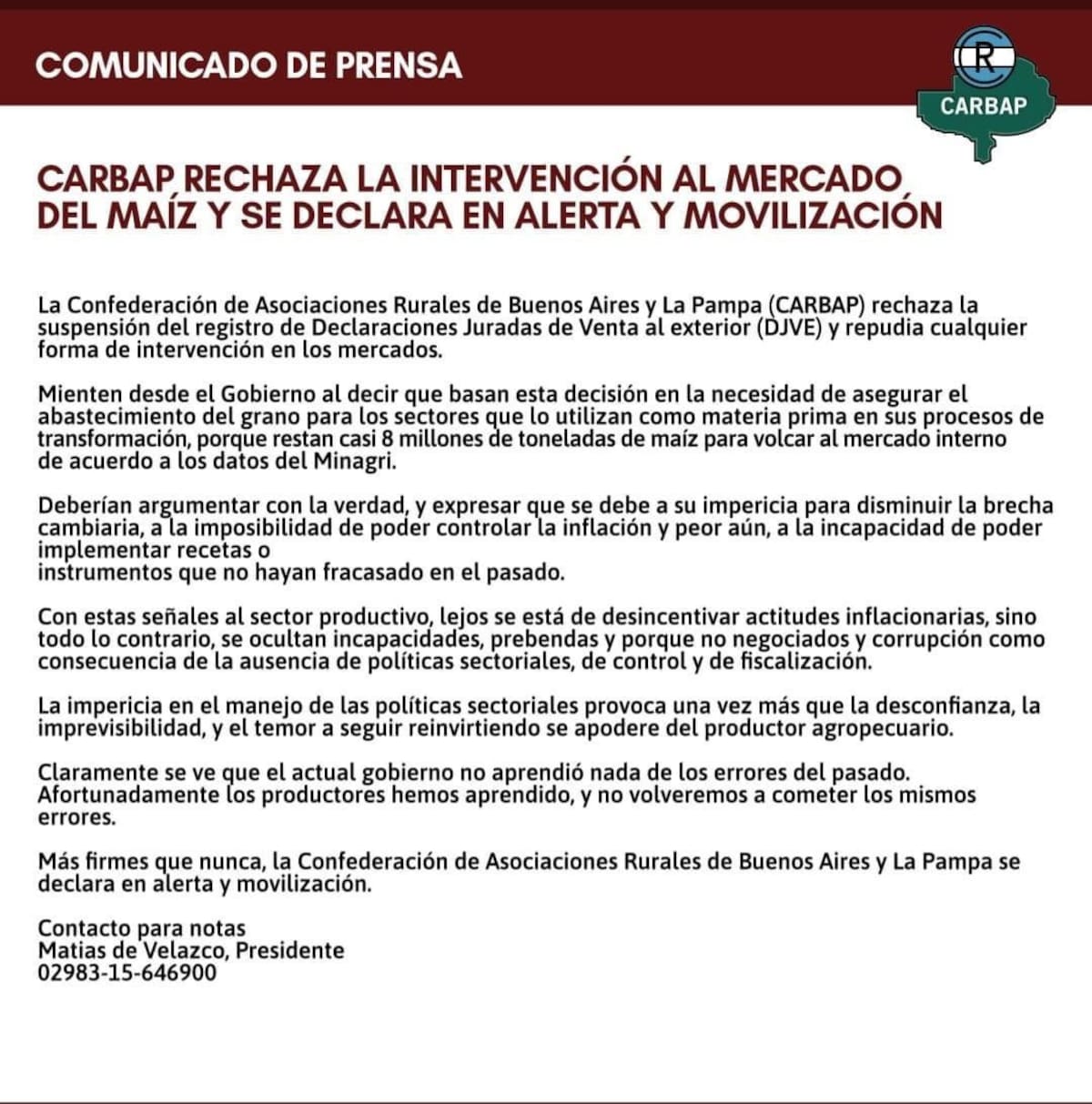 Comunicado CARBAP por cierre exportaciones de maiz