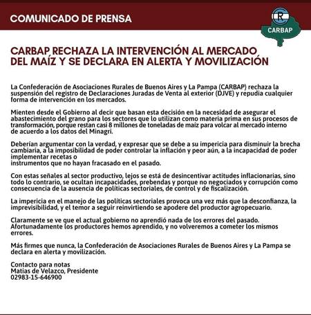 Comunicado CARBAP por cierre exportaciones de maiz