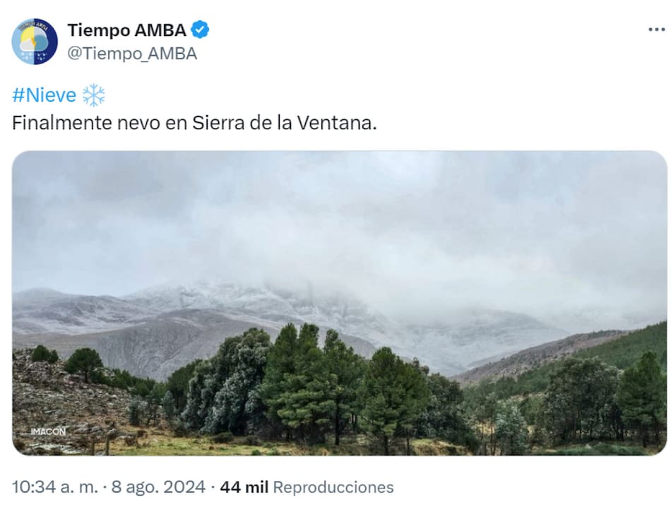 Nieve en Sierra de la Ventana. Foto: X.