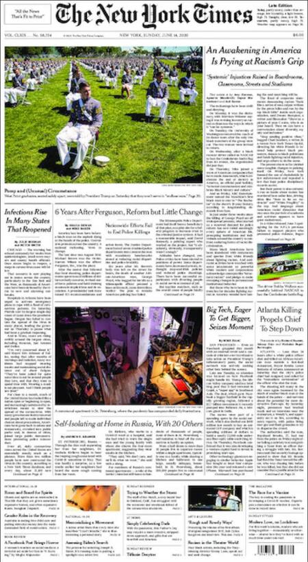 Tapa de diarios, The New York Times, domingo 14 de junio de 2020