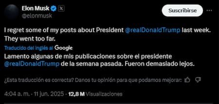Elon Musk se mostró arrepentido sobre sus dichos contra Trump. Foto: X Captura.