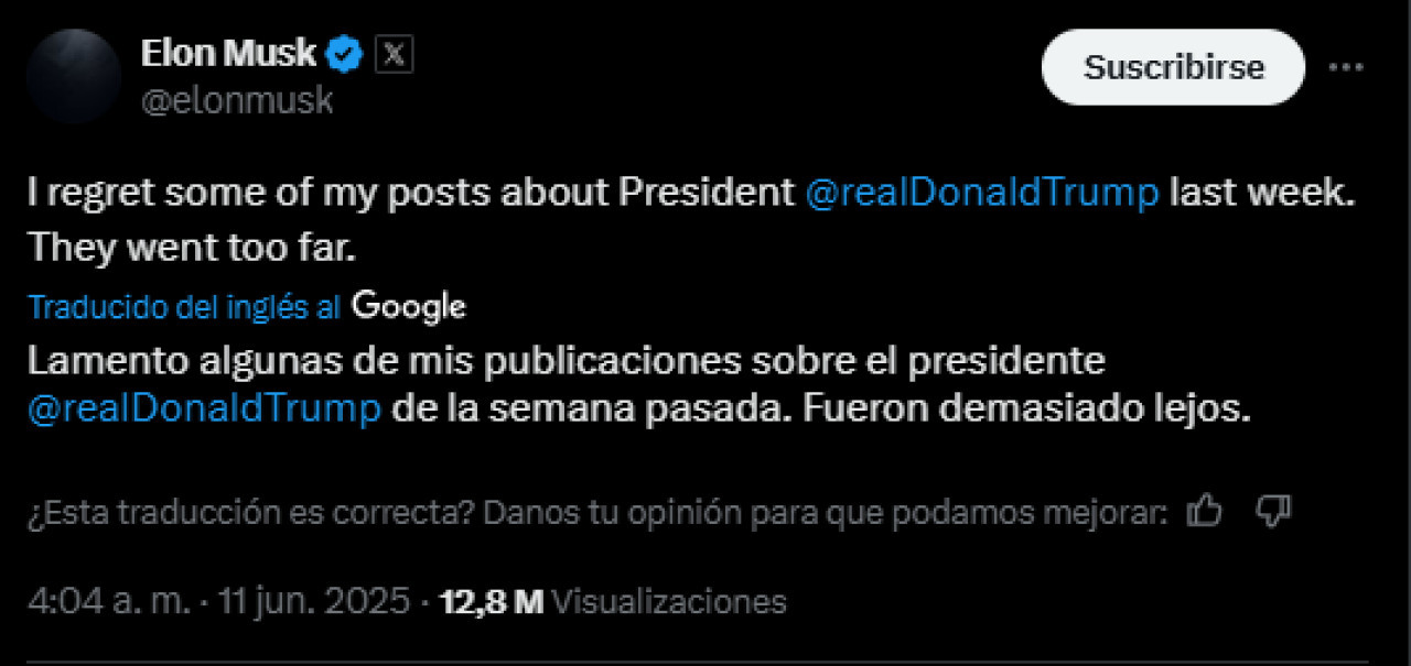 Elon Musk se mostró arrepentido sobre sus dichos contra Trump. Foto: X Captura.