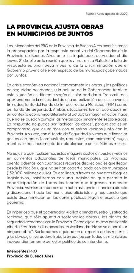 Comunicado de Intendentes del PRO