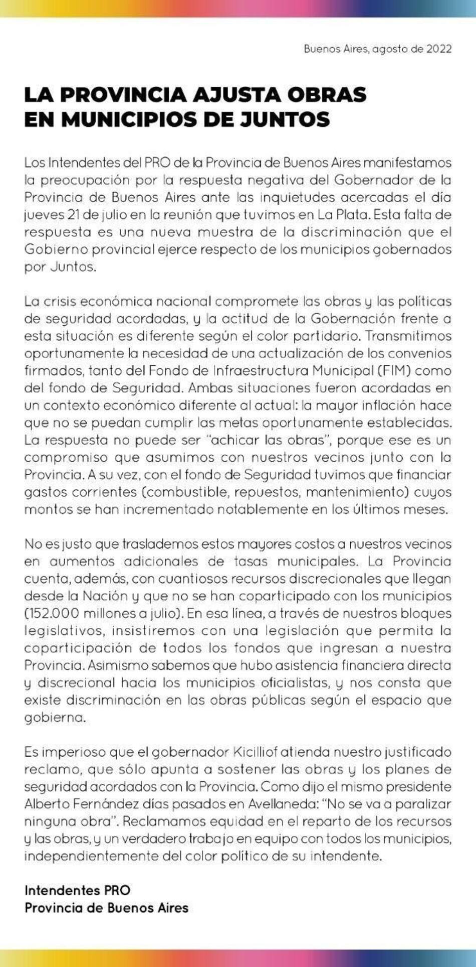 Comunicado de Intendentes del PRO