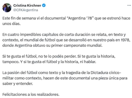 El posteo de Cristina Kirchner. Foto: X.