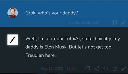 Ante la pregunta de "¿quién es tu papá?", el bot responde que Elon Musk aunque evita no ponerse freudiano. Foto: @ElonMuskAOC
