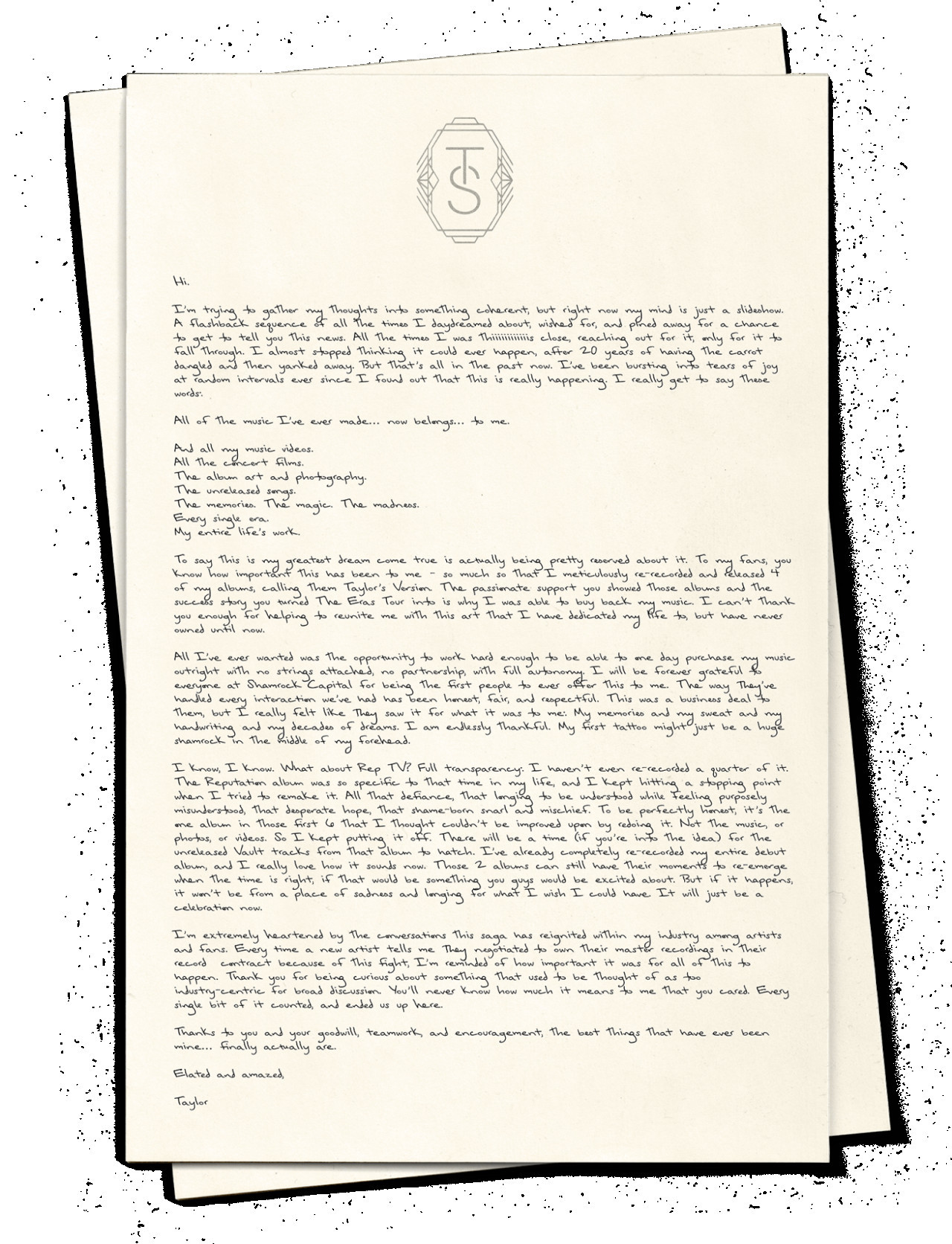 La carta que publicó Taylor Swift. Foto: X taylorswift13.