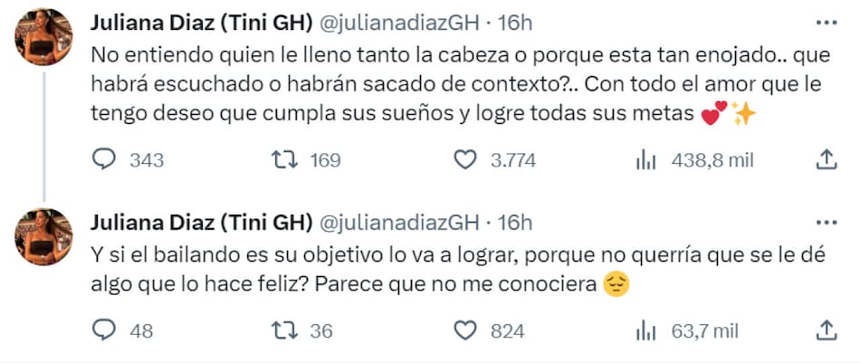 Las publicaciones de Juliana Díaz. Foto: X.