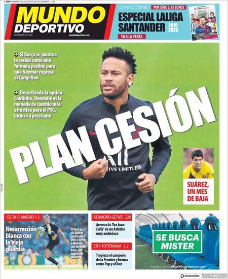 Tapas de diarios, Mundo Deportivo, domingo 18-08-19