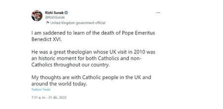Mensaje de Rishi Sunak sobre Benedicto XVI_NA