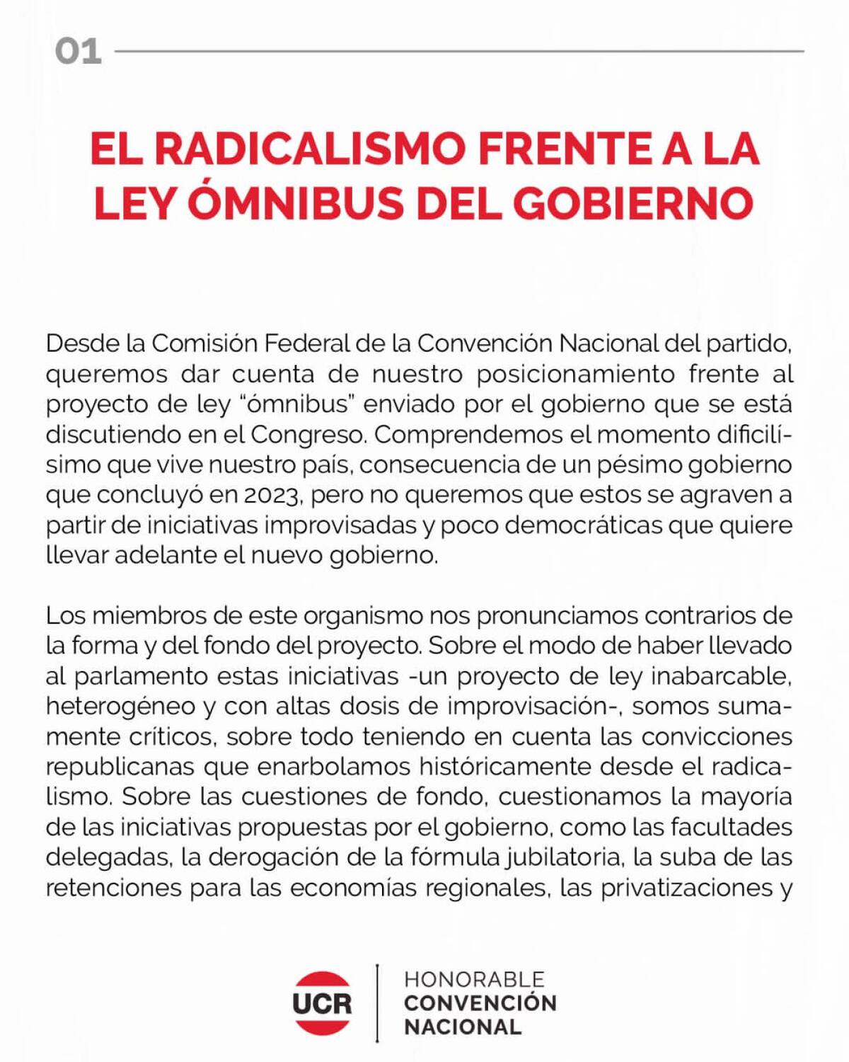 Comunicado de la UCR sobre la Ley Ómnibus - Parte 1.