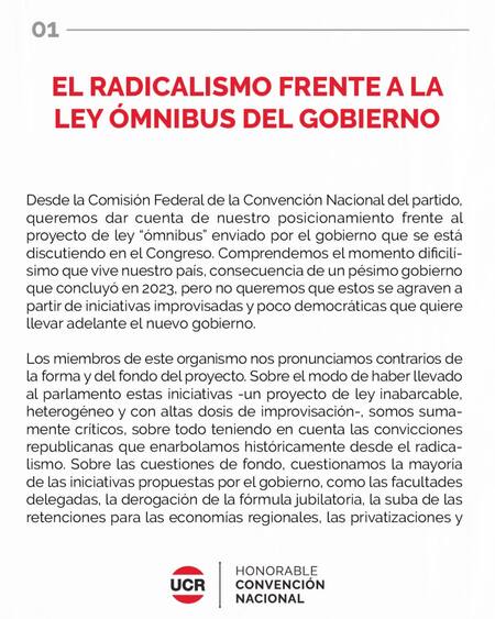 Comunicado de la UCR sobre la Ley Ómnibus - Parte 1.