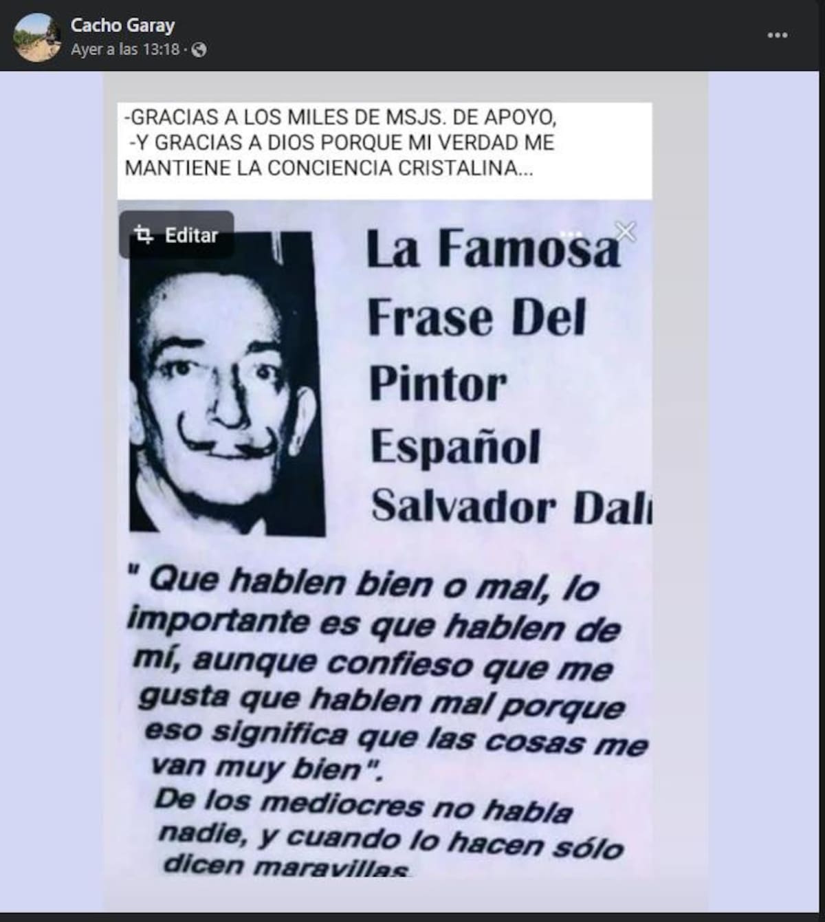 El posteo de Cacho Garay. Foto: Facebook.