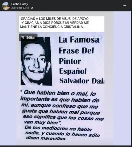 El posteo de Cacho Garay. Foto: Facebook.