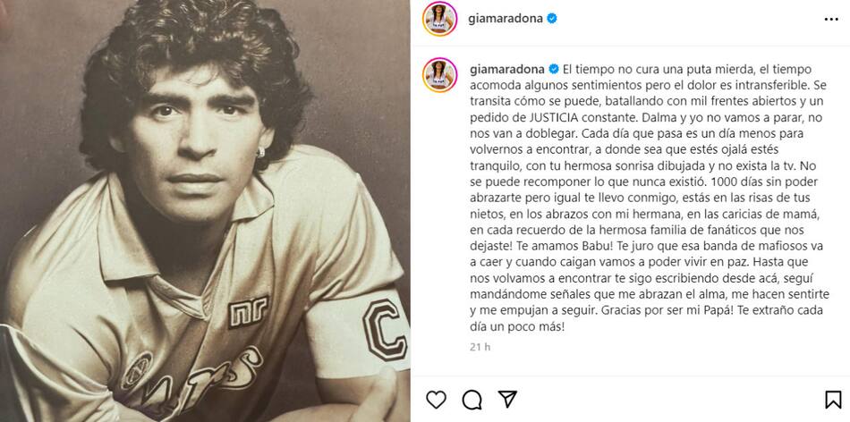 La pubicación de Gianinna para Diego. Foto: Instagram.