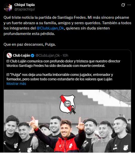 El mensaje del Chiqui Tapia tras la muerte de Santiago "Pulga" Fredes, técnico del Club Luján.