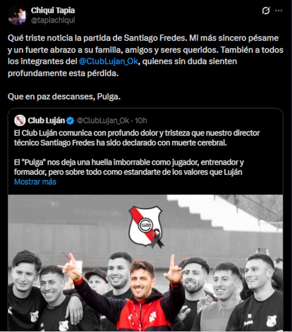 El mensaje del Chiqui Tapia tras la muerte de Santiago "Pulga" Fredes, técnico del Club Luján.