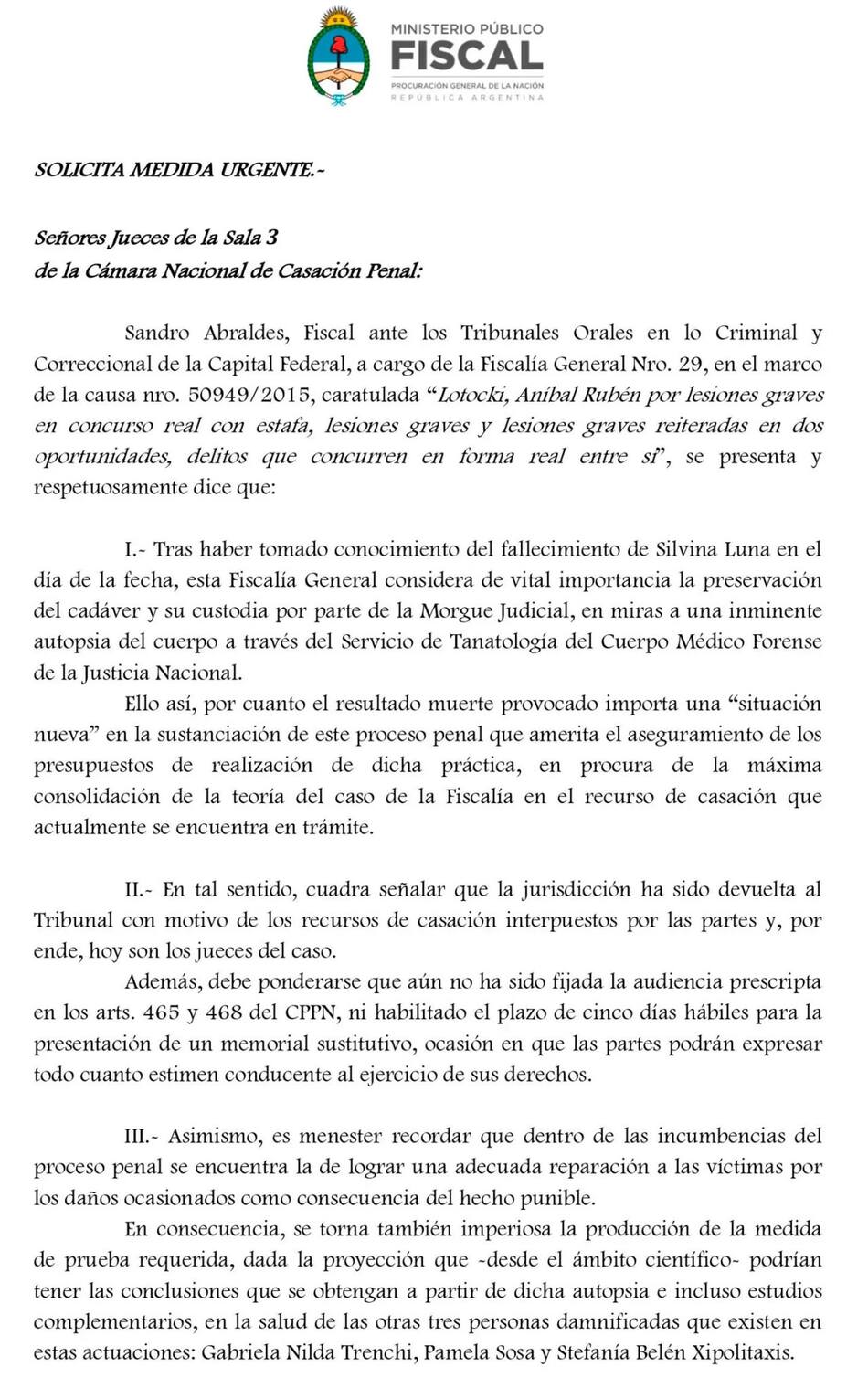 El texto presentado por la Fiscalía.