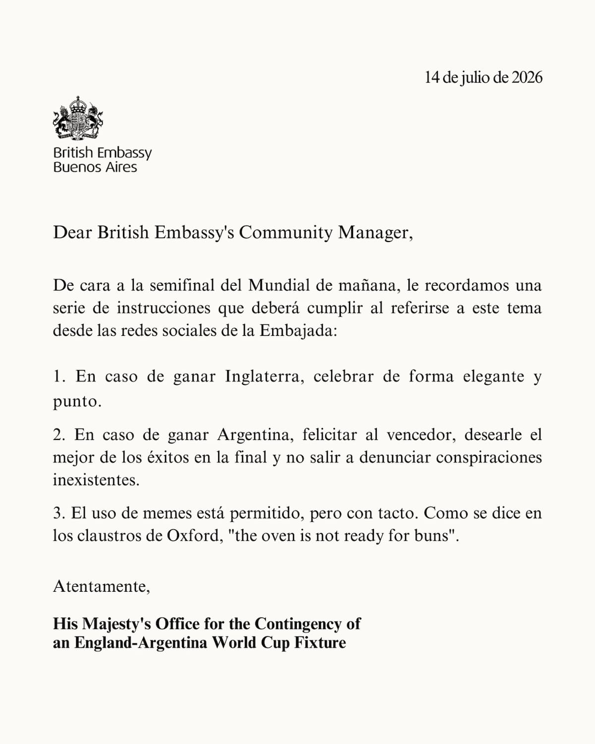 El comunicado de la Embajada Británica en Argentina