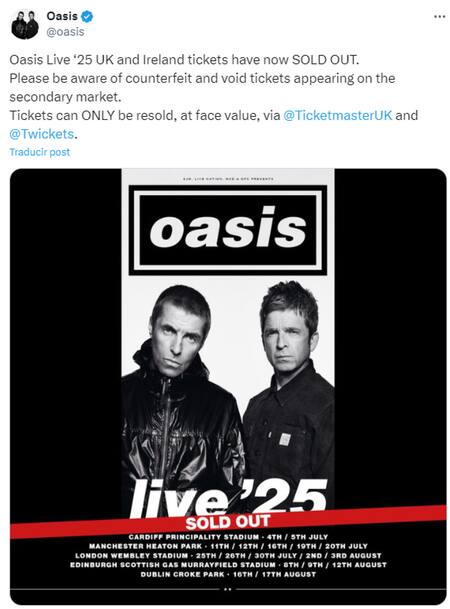 Locura por la venta de entradas de Oasis. Foto: X.