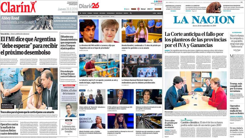 Tapas de diarios, jueves 26-09-19
