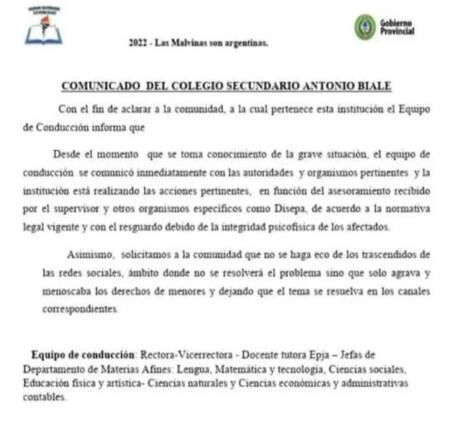 Comunicado del Colegio donde fue envenenada la profesora. Foto: Facebook/AndreaCorrea