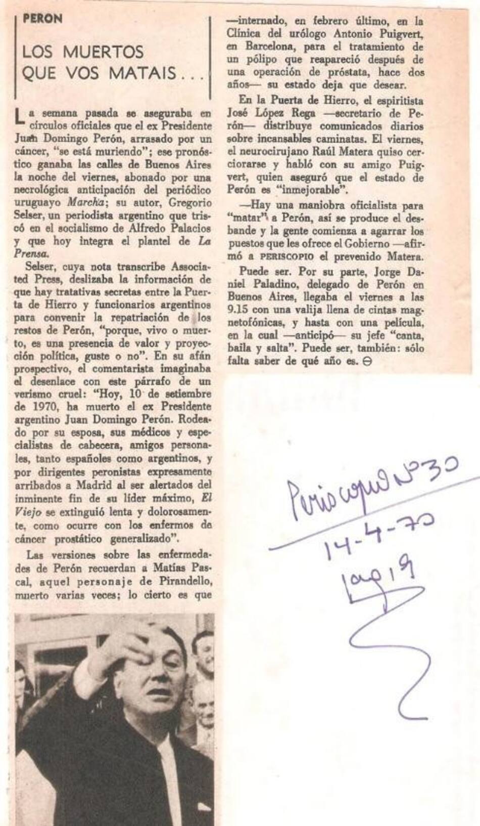 Noticias de la epoca sobre la salud de Perón