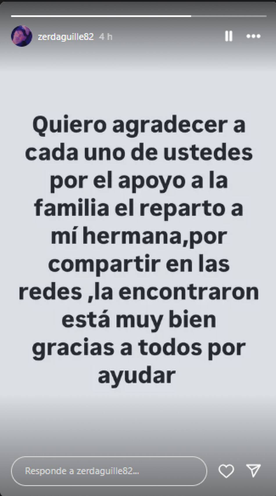 El mensaje de agradecimiento del hermano de María Belen Zerda. Foto captura Instagram @zerdaguille82