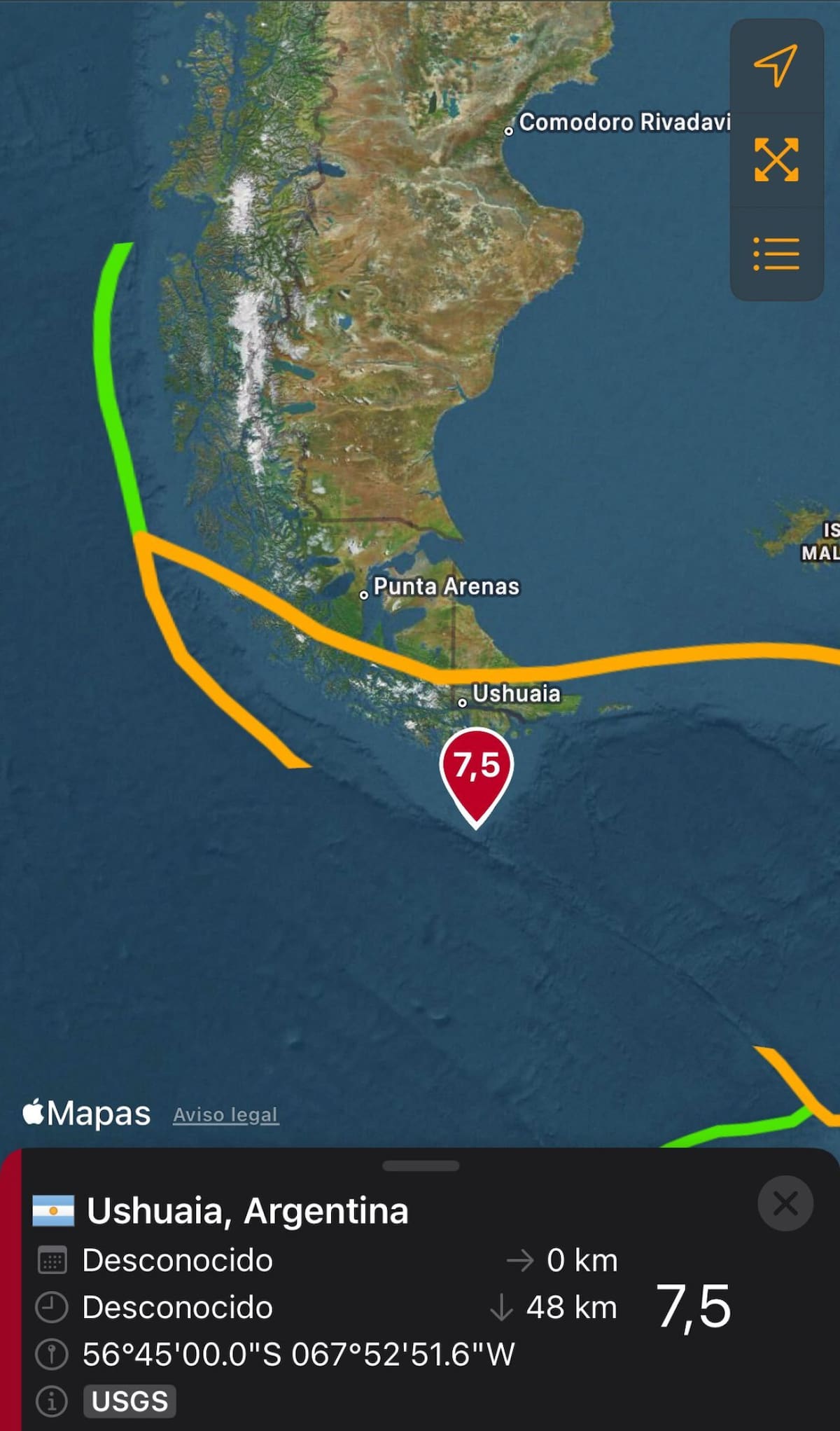 Sismo a 240 kilómetros de Tierra del Fuego. Foto: Captura.