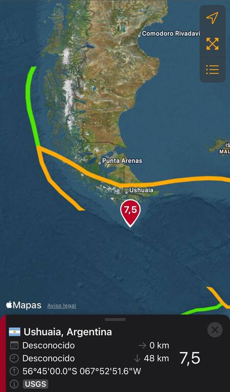 Sismo a 240 kilómetros de Tierra del Fuego. Foto: Captura.