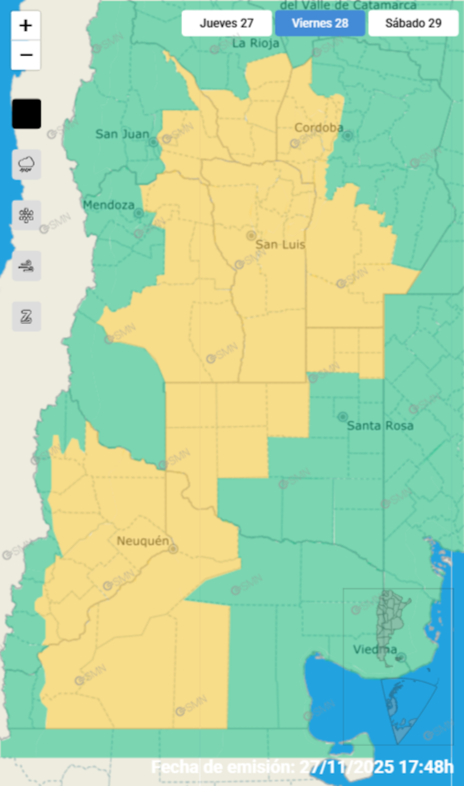 Ocho provincias bajo alerta amarilla por tormentas.