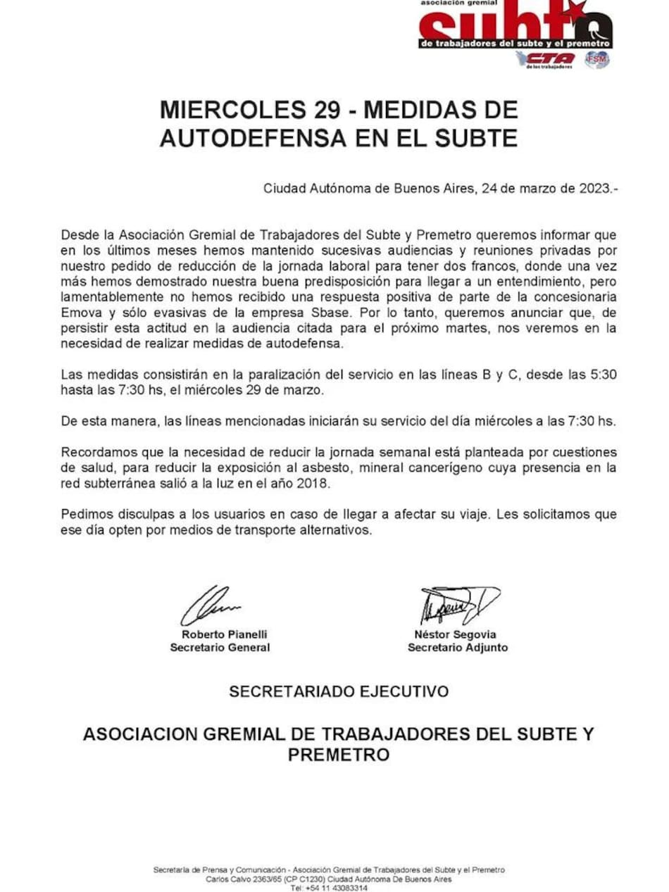 Comunicado gremial sobre el paro de subtes. Foto: Twitter.