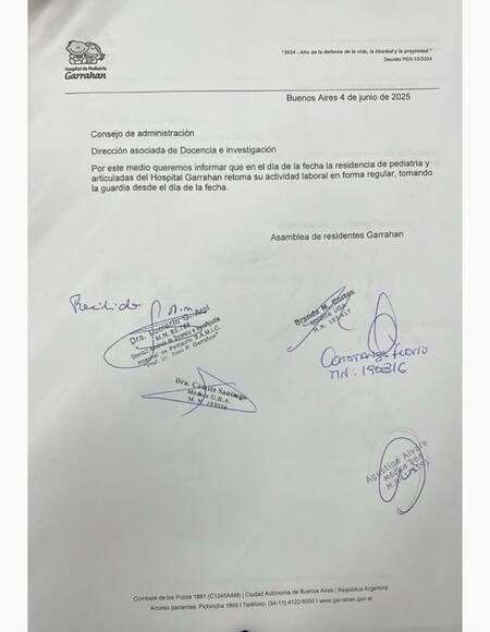 Comunicado de los residentes del Hospital Garrahan sobre el levantamiento del paro.