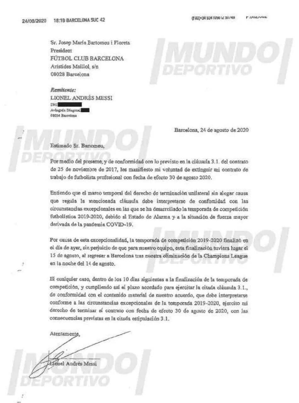 Burofax de Lionel Messi al Barcelona, Foto: Mundo Deportivo