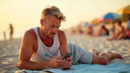 Persona en la playa, celular, teléfono, vacaciones. Foto: Freepik AI.