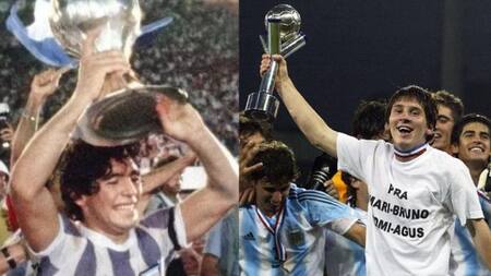 Diego Maradona y Lionel Messi, campeones del mundo sub 20. Foto: NA.