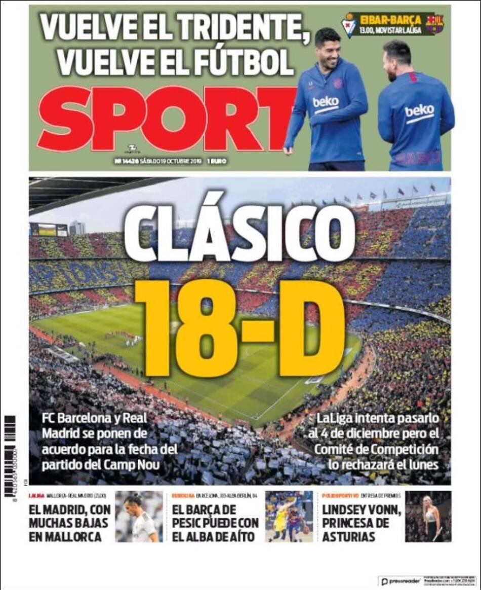 Tapas de diarios, Sport, Sábado 19-10-19