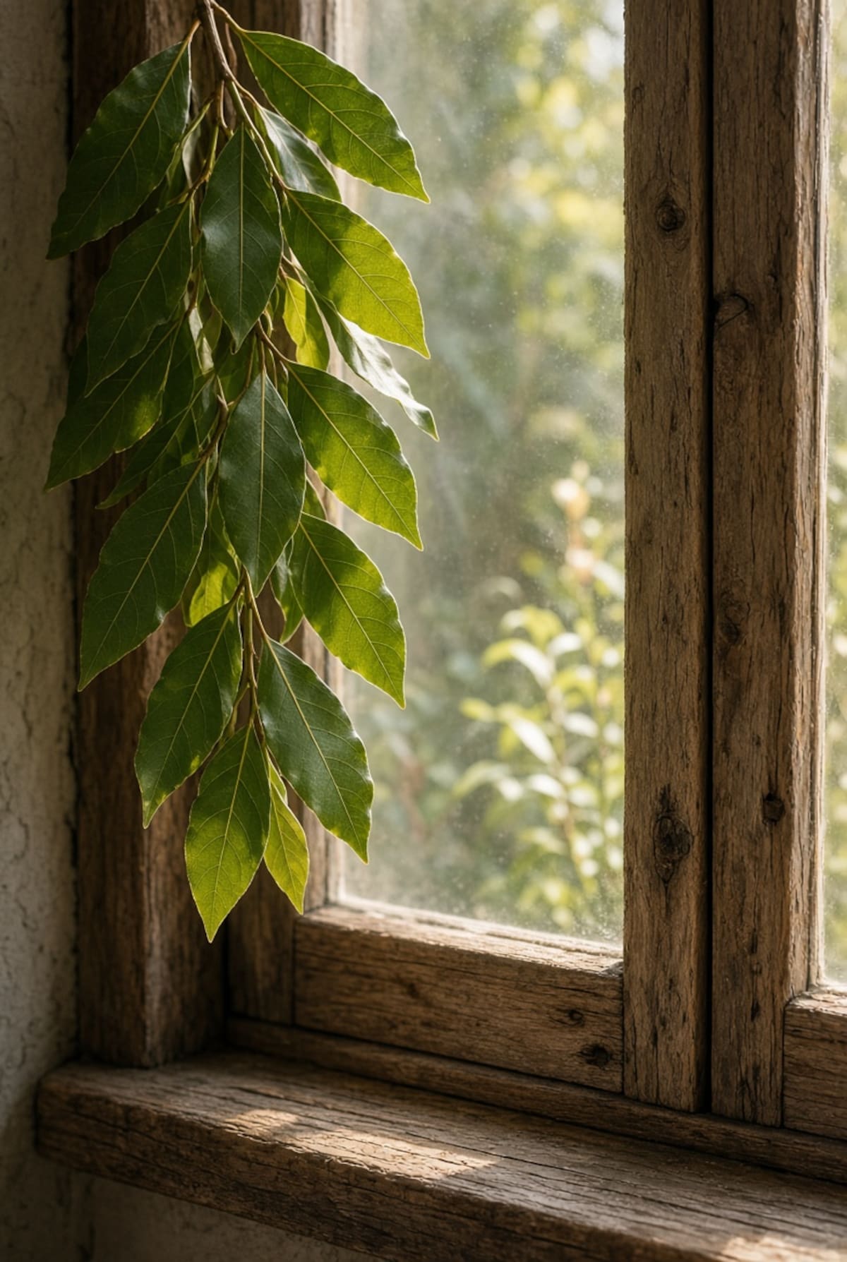Hoja de laurel en la ventana
