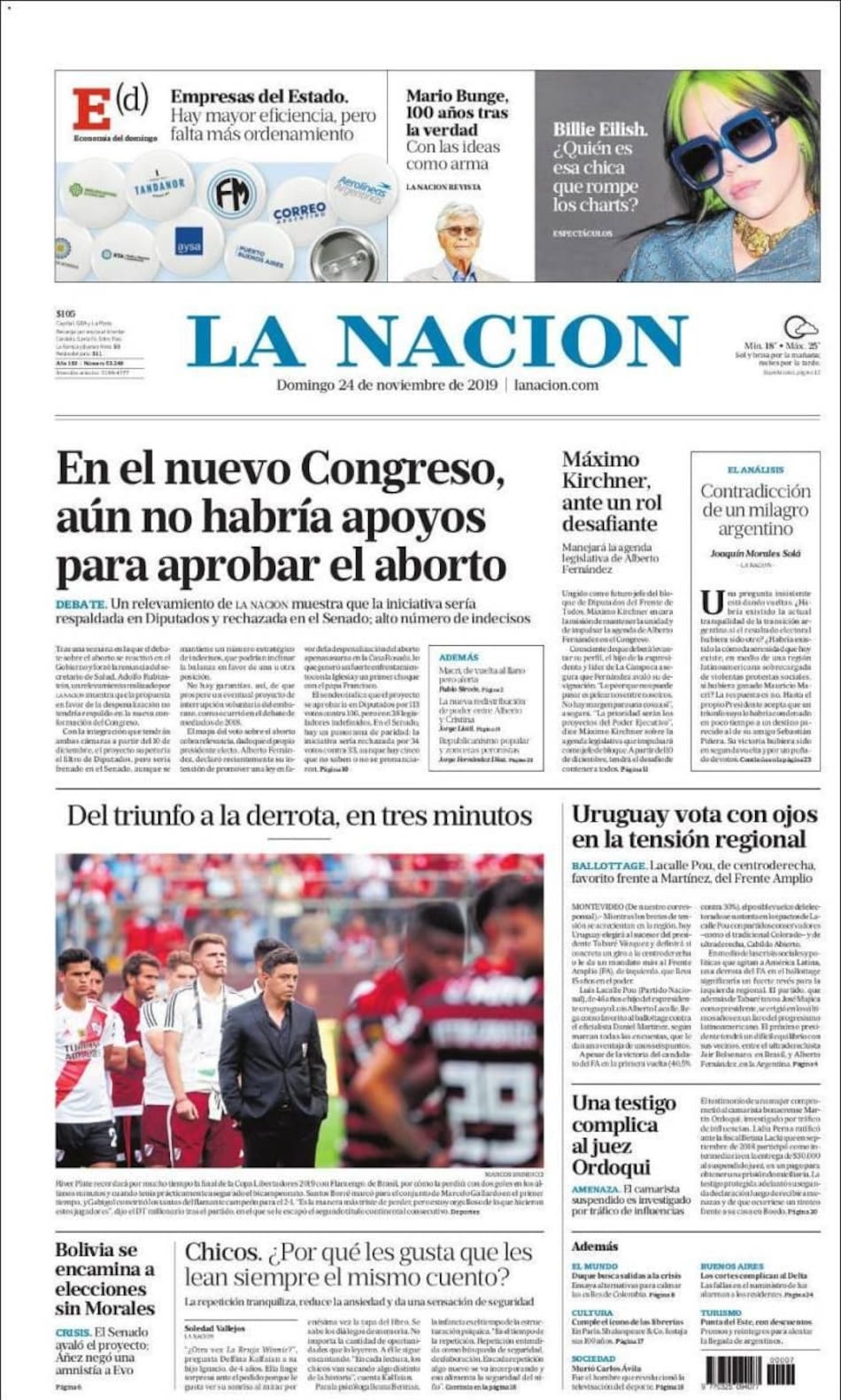 Tapas de diarios, La Nación, domingo 23 de noviembre de 2019