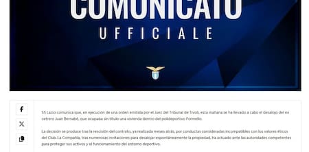Comunicado de la Lazio tras el desalojo del adiestrador del club.