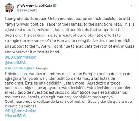 El mensaje de Israel Katz tras conocerse la sanción de la Unión Europea al líder de Hamás. Foto: Twitter.