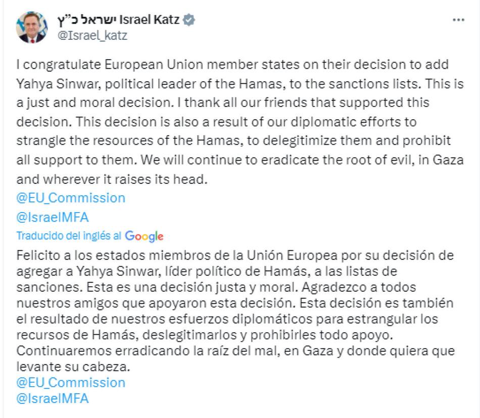 El mensaje de Israel Katz tras conocerse la sanción de la Unión Europea al líder de Hamás. Foto: Twitter.